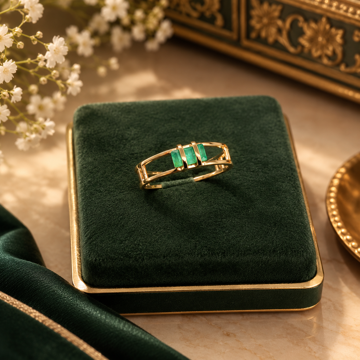 Green stone ring on a velvet box