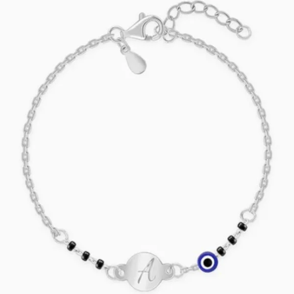 Silver Black-Bead Initial Bracelet ‘A’